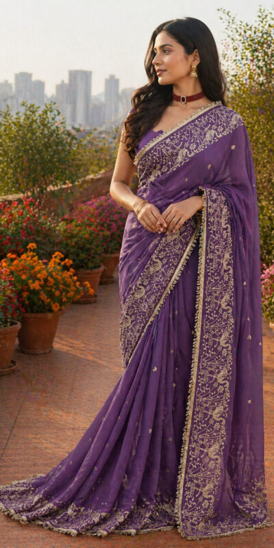 BT 446 Lavender Star Georgette Saree with Lace Work & Embroidery Work. Festive Deal ₹1799. Delivery 4-6 Working Days. Shop now. | Sarees, Bollywood Sarees, Creative Sarees, Designer Sarees, Embroidered Sarees, Ethnic Saree, Modern Digital sarees, Party Wear Sarees