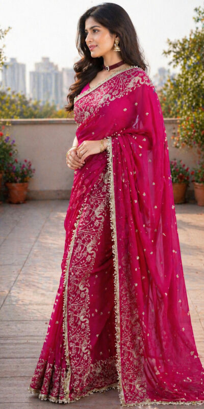 BT 446 Pink Star Georgette Saree with Lace Work & Embroidery Work. Festive Deal ₹1799. Delivery 4-6 Working Days. Shop now. | Sarees, Bollywood Sarees, Creative Sarees, Designer Sarees, Embroidered Sarees, Ethnic Saree, Modern Digital sarees, Party Wear Sarees
