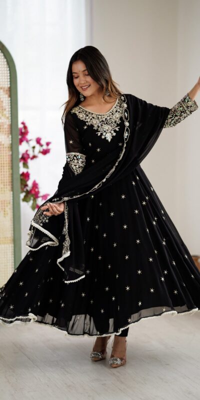 ZF 5012 Black Blooming Faux Gown with Embroidery Work. Wedding, Party, Festive, Events Grab it for ₹2149. Delivery 4-6 Working Days. Shop now. | Anarkali Suits, Bollywood Anarkali, Creative-Anarkali, Designer Anarkali, Embroidered Anarkali, Party Wear Anarkali