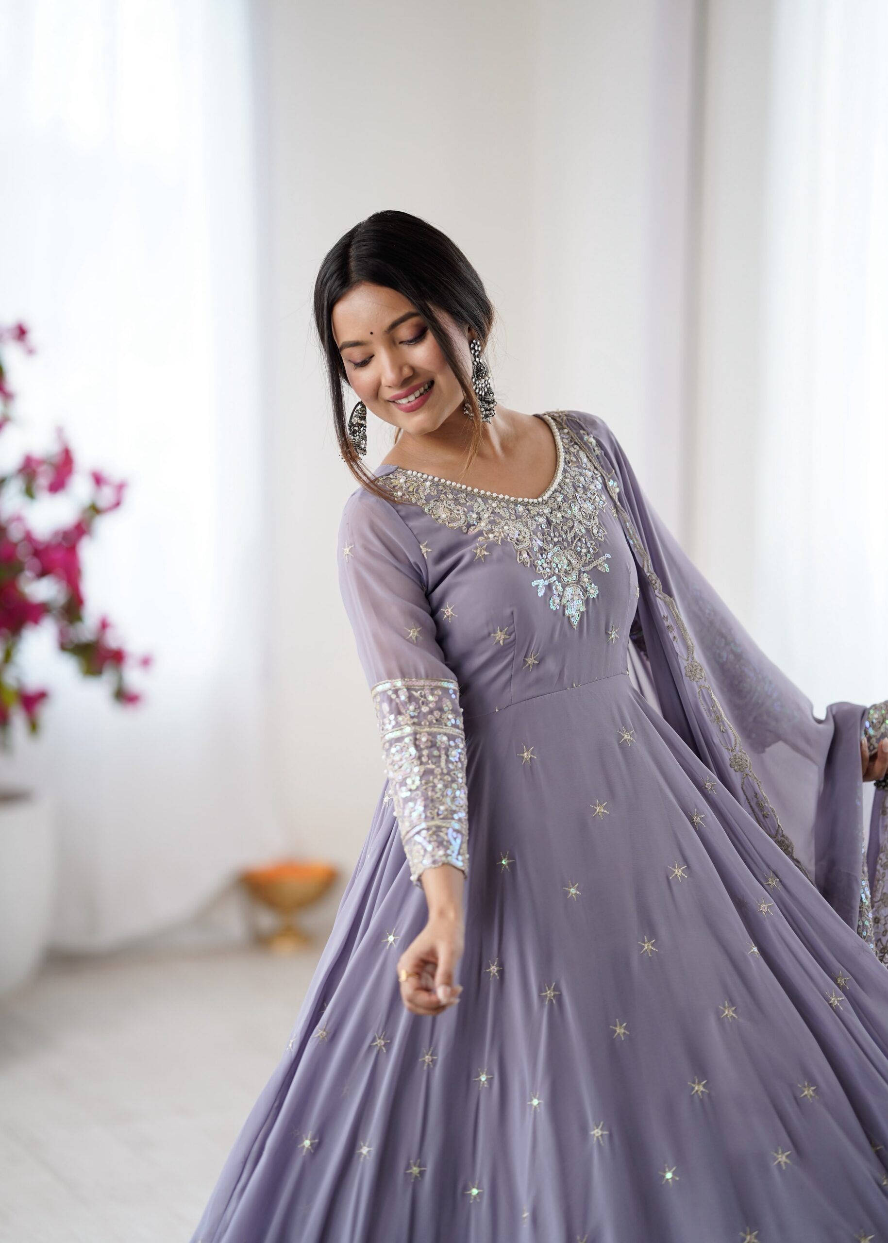 ZF 5012 Lavender Blooming Faux Gown with Embroidery Work. Wedding, Party, Festive, Events Grab it for ₹2149. Delivery 4-6 Working Days. Shop now. | Anarkali Suits, Bollywood Anarkali, Creative-Anarkali, Designer Anarkali, Embroidered Anarkali, Party Wear Anarkali