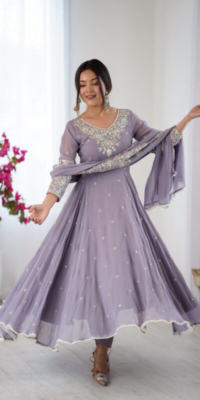 ZF 5012 Lavender Blooming Faux Gown with Embroidery Work. Wedding, Party, Festive, Events Grab it for ₹2149. Delivery 4-6 Working Days. Shop now. | Anarkali Suits, Bollywood Anarkali, Creative-Anarkali, Designer Anarkali, Embroidered Anarkali, Party Wear Anarkali