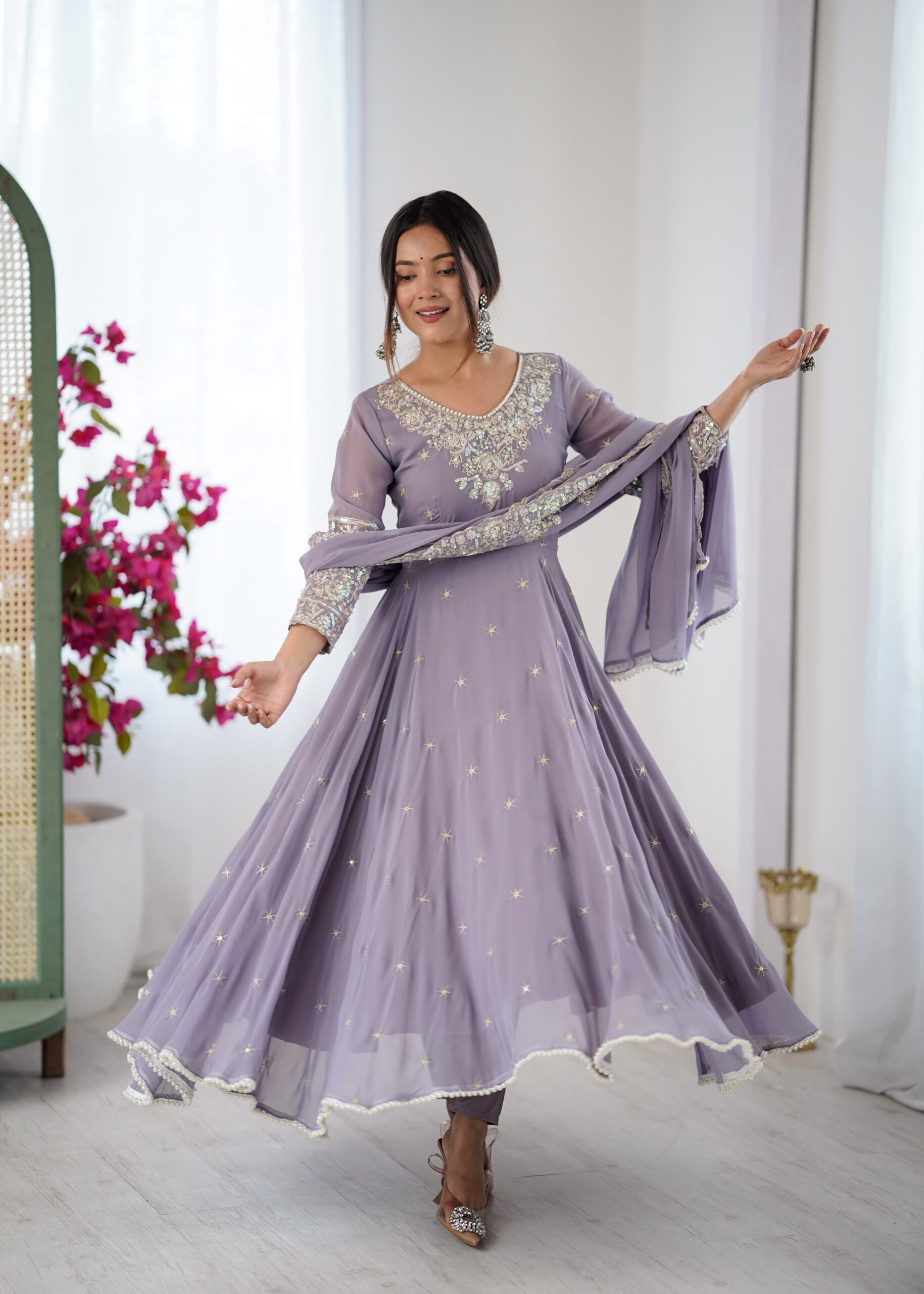 ZF 5012 Lavender Blooming Faux Gown with Embroidery Work. Wedding, Party, Festive, Events Grab it for ₹2149. Delivery 4-6 Working Days. Shop now. | Anarkali Suits, Bollywood Anarkali, Creative-Anarkali, Designer Anarkali, Embroidered Anarkali, Party Wear Anarkali