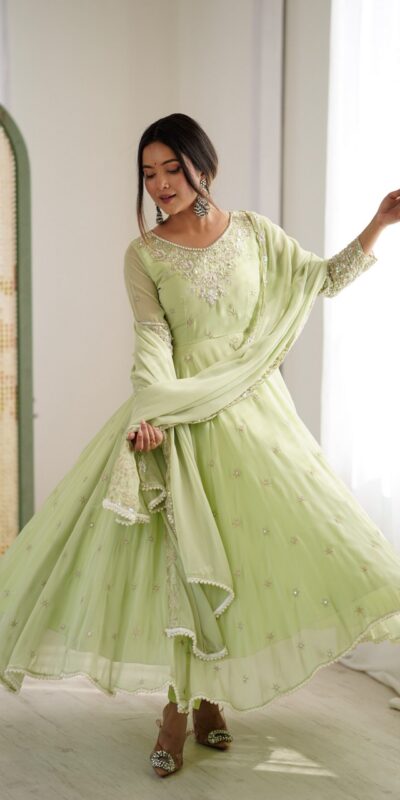 ZF 5012 Pista Blooming Faux Gown with Embroidery Work. Wedding, Party, Festive, Events Grab it for ₹2149. Delivery 4-6 Working Days. Shop now. | Anarkali Suits, Bollywood Anarkali, Creative-Anarkali, Designer Anarkali, Embroidered Anarkali, Party Wear Anarkali