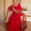 Super Red Tabby Silk Mirror Work Digital Print Anarkali Suit