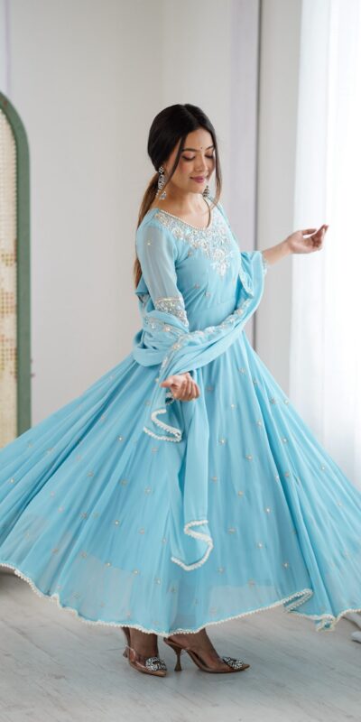 ZF 5012 Sky Blue Blooming Faux Gown with Embroidery Work. Wedding, Party, Festive, Events Grab it for ₹2149. Delivery 4-6 Working Days. Shop now. | Anarkali Suits, Bollywood Anarkali, Creative-Anarkali, Designer Anarkali, Embroidered Anarkali, Party Wear Anarkali