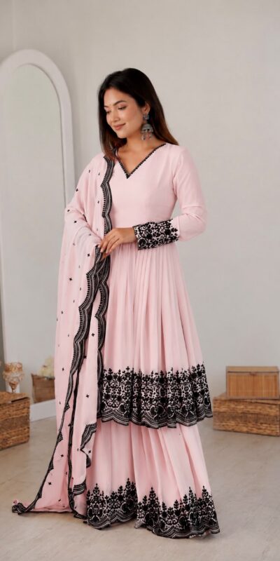 SP 71 Pink Faux Georgette Salwar Suit with Embroidery Work. Available at ₹2499 only. Delivery 4-6 Working Days. Shop now. | Jump Suits, Salwar suit, Casual Suits, Creative suits, Designer Suits, Palazzo Suits, Party Wear Suits, Patiala Suits, Straight Suits