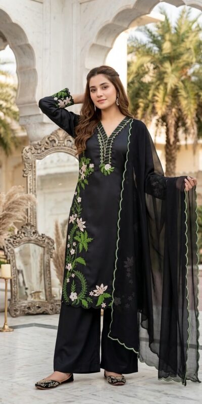 Aglow Black Roman Silk Embroidery Work Salwar Suit
