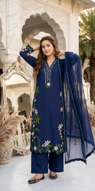 Aglow Blue Roman Silk Embroidery Work Salwar Suit