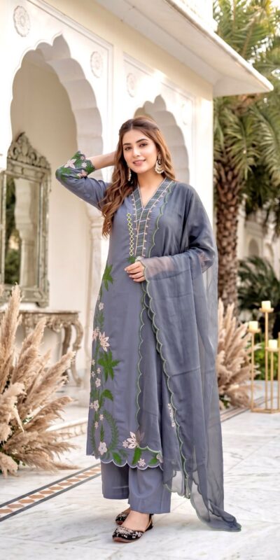 Aglow Grey Roman Silk Embroidery Work Salwar Suit