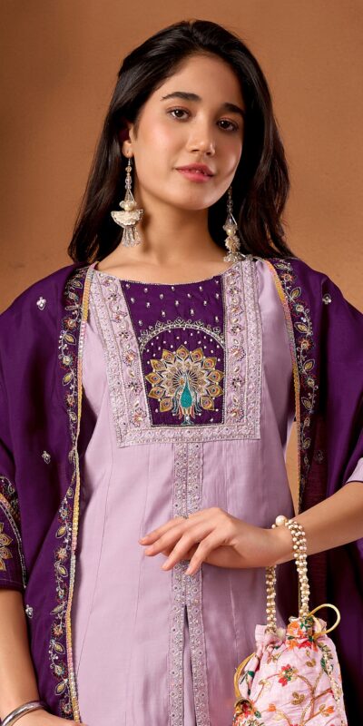 Aglow Lavender Roman Silk Thread Work Salwar Suit