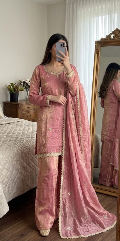 Aglow Peach Fendy Silk ⁠Embroidery Work Salwar Suit