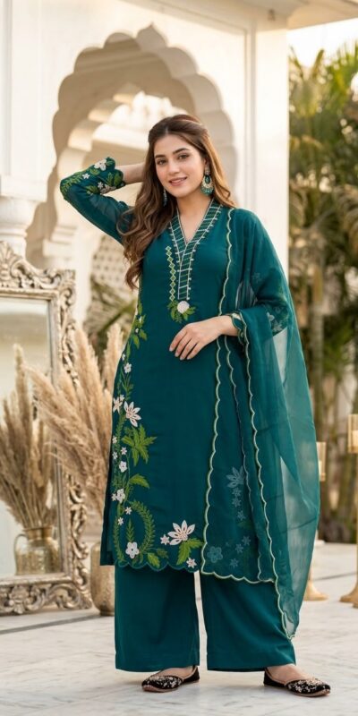 Aglow Teal Roman Silk Embroidery Work Salwar Suit
