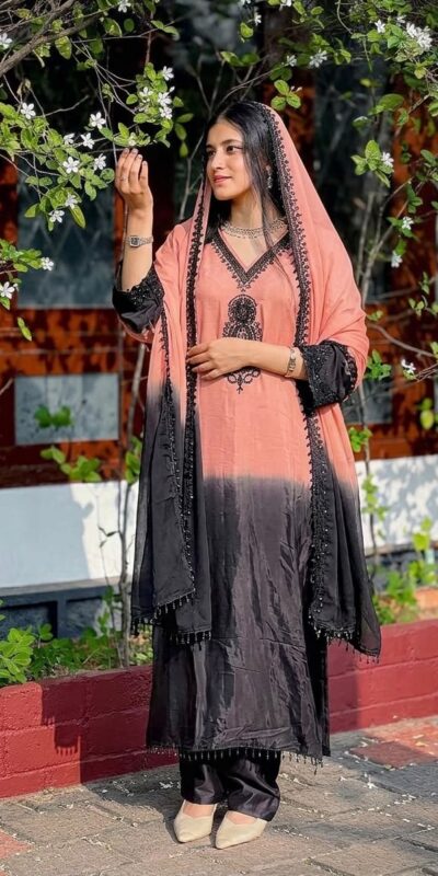 Fancy Peach French Crep Silk Embroidery Salwar Suit