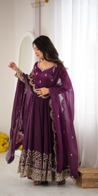 Fancy Wine Fendy Silk Embroider Sequins Work Gown