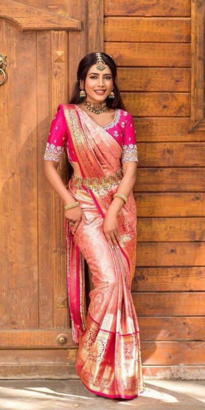 Fantastic Peach Soft Lichi Silk Lace Work Saree