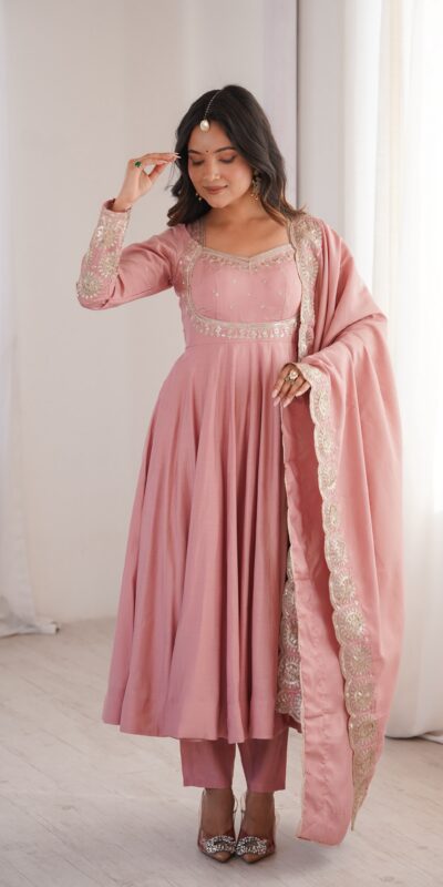 Glowing Pink Roman Silk Embroidery Work Anarkali Suit