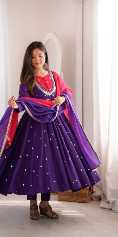 Lovely Purple Roman Silk Mirror Embroidery Work Gown