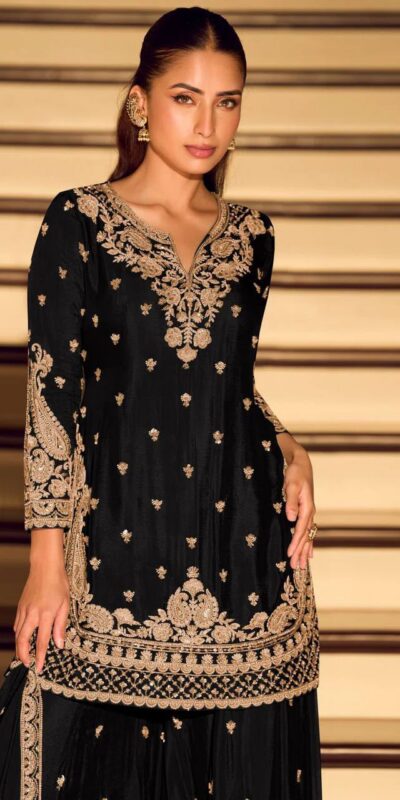 Shiny Black Chinon Silk Sequence Work Salwar Suit