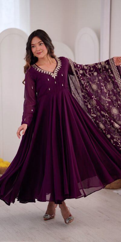 Shiny Wine Faux Georgette Embroidery Mirror Work Gown