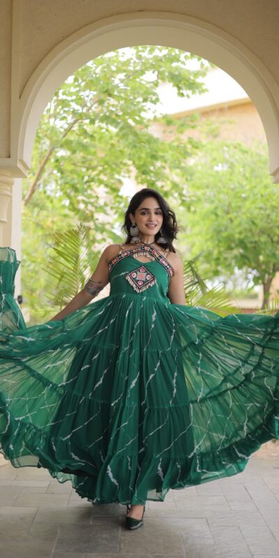 Simple Teal Faux Georgette Bandhani Print Work Gown
