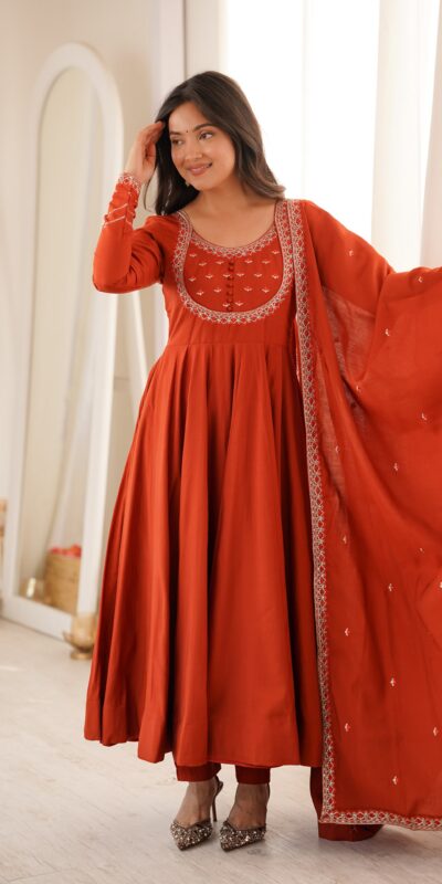 Super Rust Roman Silk Chanderi Thread Work Anarkali Suit