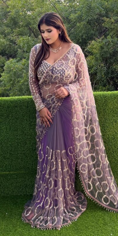 Trendy Lavender Butterfly Net Sequence Work Saree