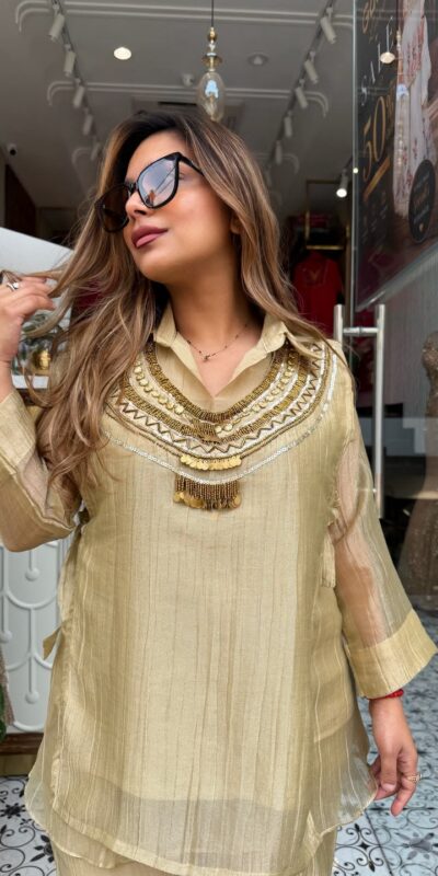 Unique Chiku Salsa Crushed Hand Work Shrug Kurti