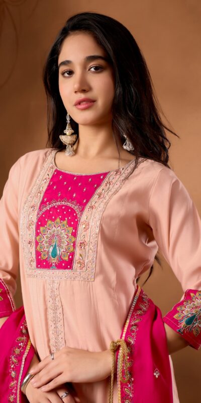 DIVA 150 Peach Roman Silk Salwar Suit with Sequins Work & Embroidery Work. Available at ₹2449 only. Delivery 4-6 Working Days. Shop now. | Jump Suits, Salwar suit, Casual Suits, Creative suits, Designer Suits, Palazzo Suits, Party Wear Suits, Patiala Suits, Straight Suits