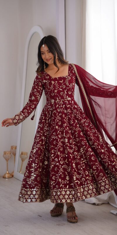 ZF 5024 Maroon Fox Perfect for Wedding, Party, Durga Puja, Diwali, Anniversary –Georgette Gown. Now at just ₹2399. Delivery 4-6 Working Days. Shop now. | Gowns, Bollywood Gowns, Creative Gowns, Designer Gowns, Embroidered Gowns, Party Wear Gowns