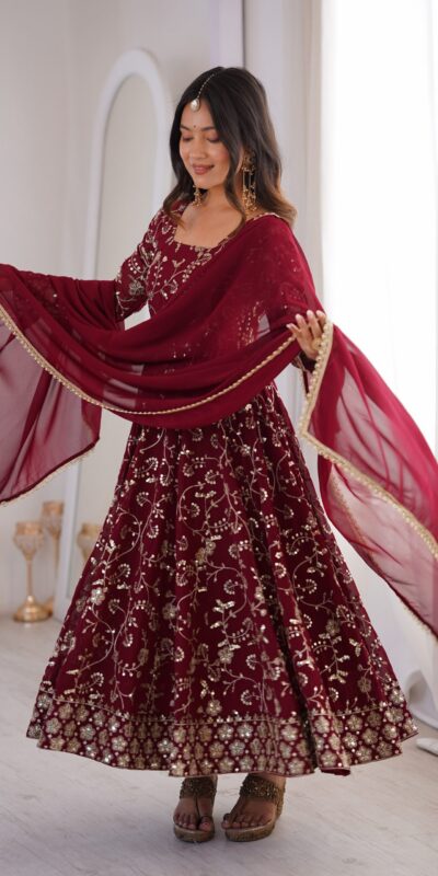 ZF 5024 Maroon Fox Perfect for Wedding, Party, Durga Puja, Diwali, Anniversary –Georgette Gown. Now at just ₹2399. Delivery 4-6 Working Days. Shop now. | Gowns, Bollywood Gowns, Creative Gowns, Designer Gowns, Embroidered Gowns, Party Wear Gowns
