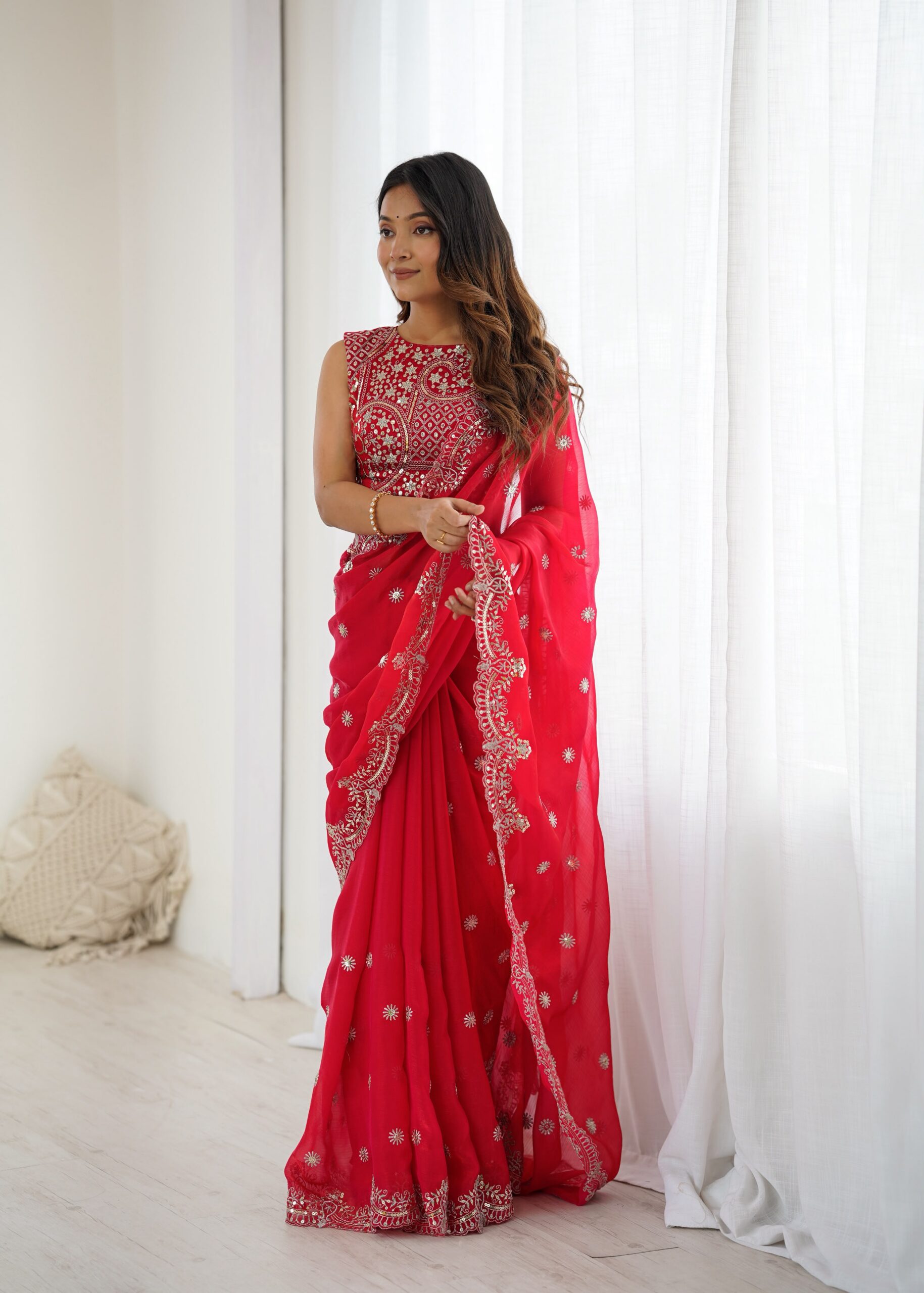 SP 88 Red Red Fendy Chiffon Saree with Embroidery Work & Sequins Work. Special Price ₹2149. Delivery 4-6 Working Days. Shop now. | Sarees, Bollywood Sarees, Creative Sarees, Designer Sarees, Embroidered Sarees, Ethnic Saree, Modern Digital sarees, Party Wear Sarees