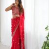 Bright Red Fendy Chiffon Embroidery Sequins Work Saree