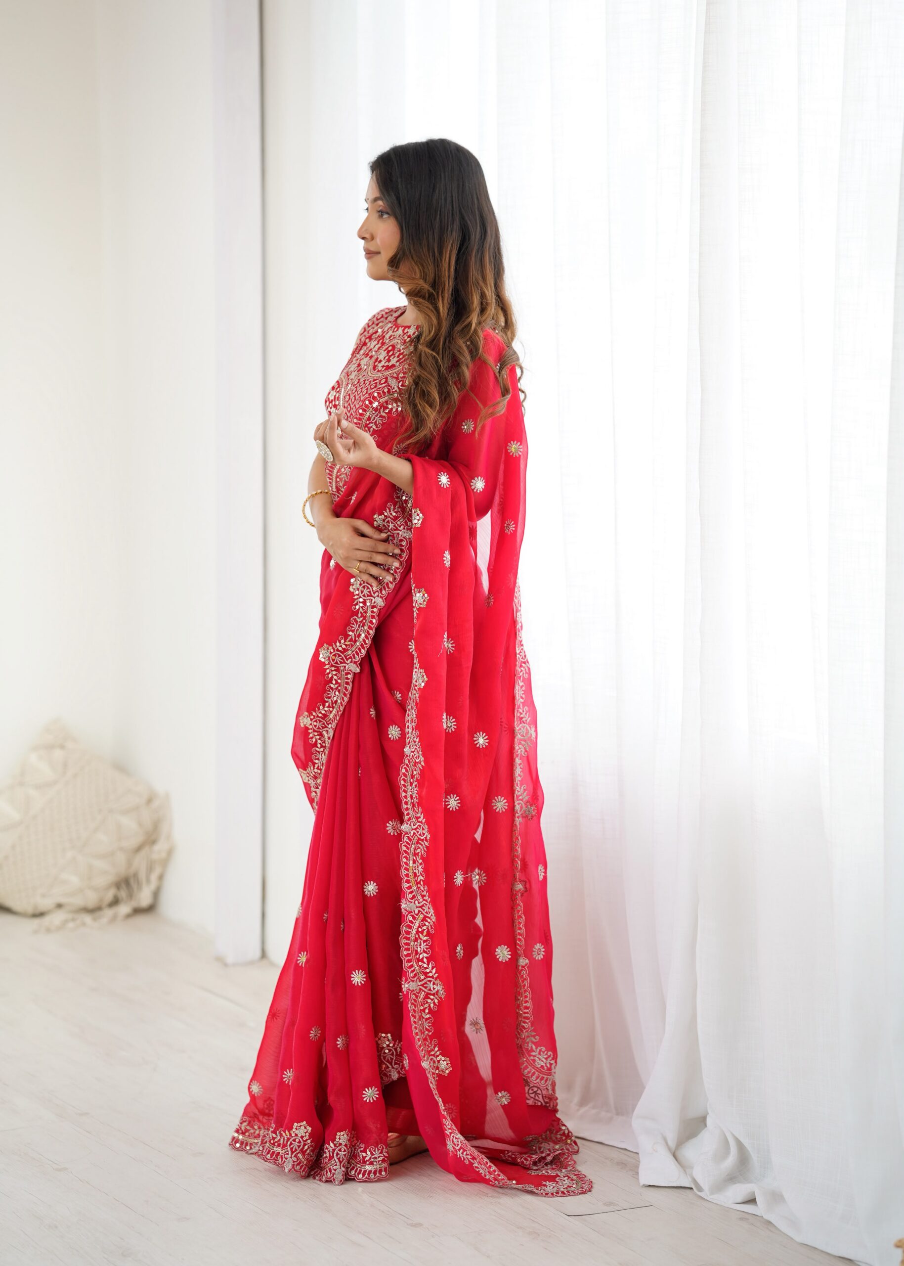 SP 88 Red Red Fendy Chiffon Saree with Embroidery Work & Sequins Work. Special Price ₹2149. Delivery 4-6 Working Days. Shop now. | Sarees, Bollywood Sarees, Creative Sarees, Designer Sarees, Embroidered Sarees, Ethnic Saree, Modern Digital sarees, Party Wear Sarees