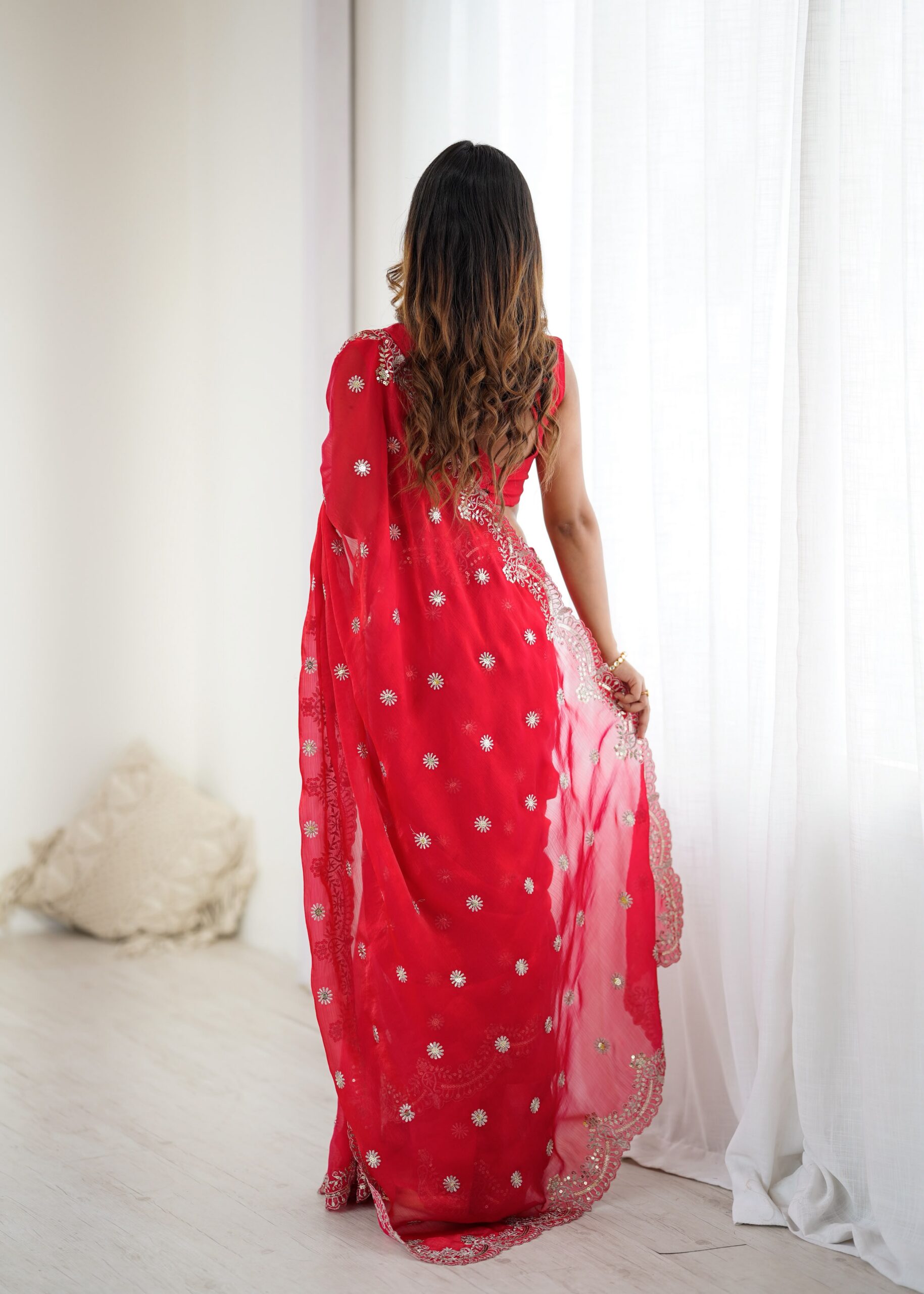 SP 88 Red Red Fendy Chiffon Saree with Embroidery Work & Sequins Work. Special Price ₹2149. Delivery 4-6 Working Days. Shop now. | Sarees, Bollywood Sarees, Creative Sarees, Designer Sarees, Embroidered Sarees, Ethnic Saree, Modern Digital sarees, Party Wear Sarees