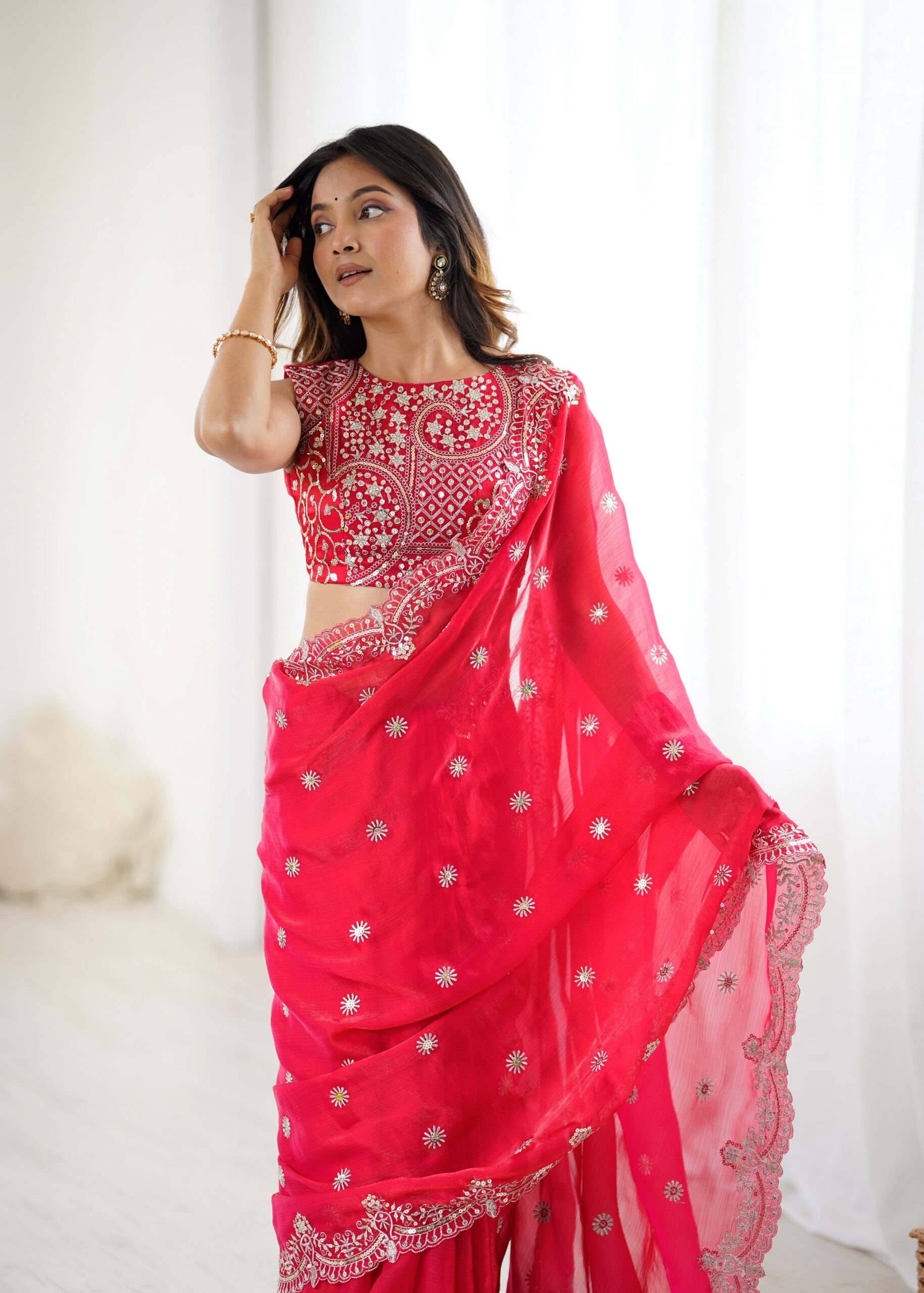 SP 88 Red Red Fendy Chiffon Saree with Embroidery Work & Sequins Work. Special Price ₹2149. Delivery 4-6 Working Days. Shop now. | Sarees, Bollywood Sarees, Creative Sarees, Designer Sarees, Embroidered Sarees, Ethnic Saree, Modern Digital sarees, Party Wear Sarees
