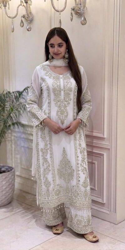 SRK 5365 White Faux Georgette Salwar Suit erfect for Wedding, Party, Mehendi, Pongal, Reception – . Available at ₹2449 only. Delivery 4-6 Working Days | Jump Suits, Salwar suit, Casual Suits, Creative suits, Designer Suits, Palazzo Suits, Party Wear Suits, Patiala Suits, Straight Suits