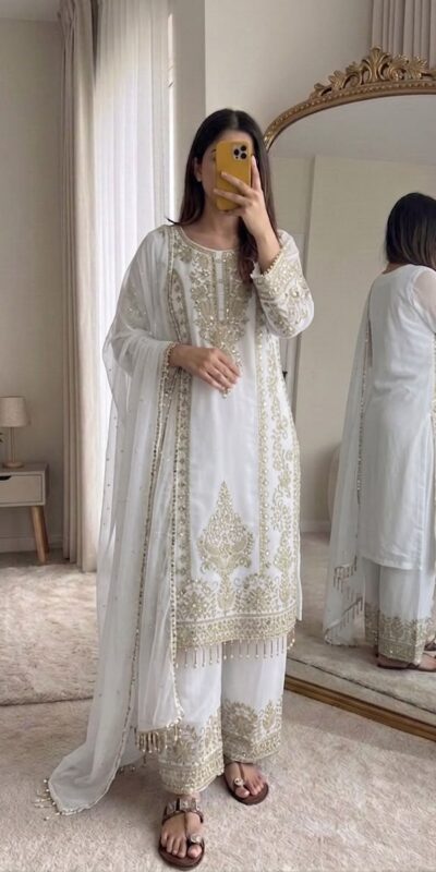 SRK 5365 White Faux Georgette Salwar Suit erfect for Wedding, Party, Mehendi, Pongal, Reception – . Available at ₹2449 only. Delivery 4-6 Working Days | Jump Suits, Salwar suit, Casual Suits, Creative suits, Designer Suits, Palazzo Suits, Party Wear Suits, Patiala Suits, Straight Suits