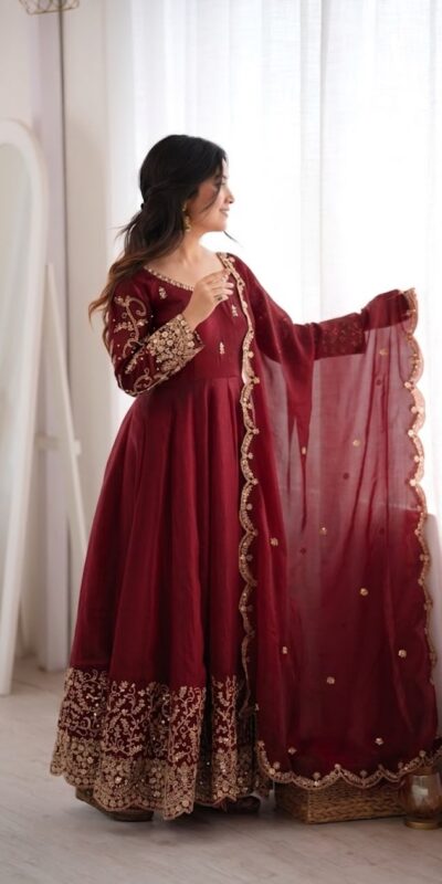 ZSR 3185 Maroon Fendy Silk Gown with Embroidery Work & Sequins Work. Special Price ₹2399. Delivery 4-6 Working Days. Shop now. | Gowns, Bollywood Gowns, Creative Gowns, Designer Gowns, Embroidered Gowns, Party Wear Gowns