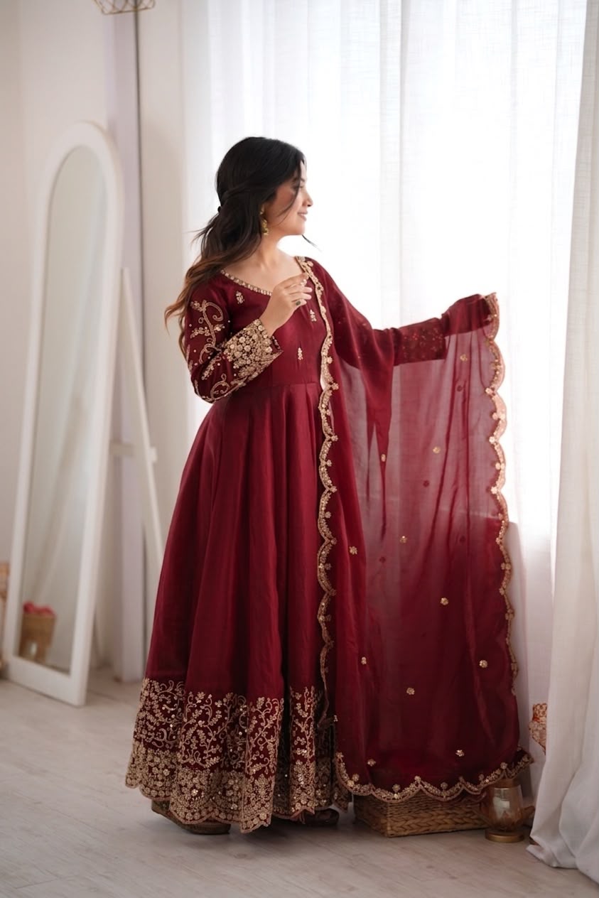 ZSR 3185 Maroon Fendy Silk Gown with Embroidery Work & Sequins Work. Special Price ₹2399. Delivery 4-6 Working Days. Shop now. | Gowns, Bollywood Gowns, Creative Gowns, Designer Gowns, Embroidered Gowns, Party Wear Gowns
