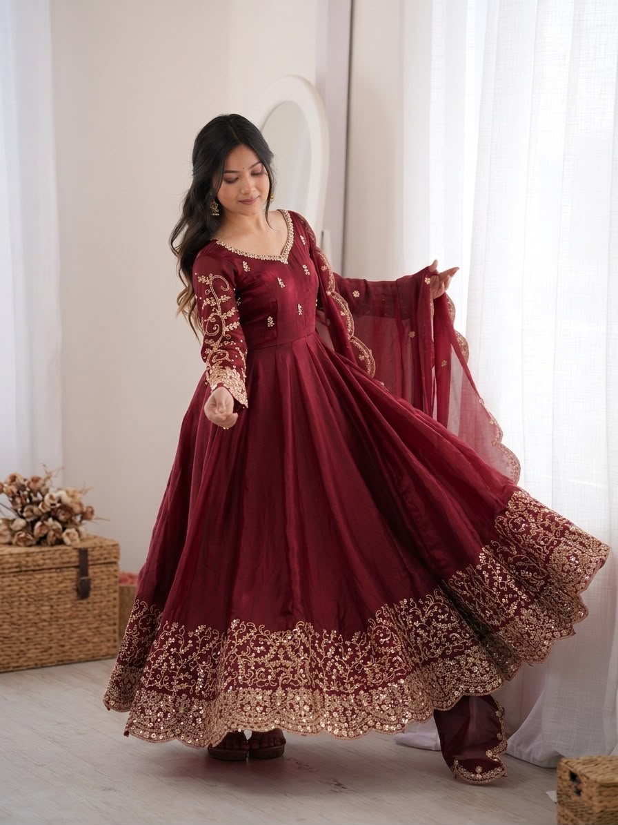 ZSR 3185 Maroon Fendy Silk Gown with Embroidery Work & Sequins Work. Special Price ₹2399. Delivery 4-6 Working Days. Shop now. | Gowns, Bollywood Gowns, Creative Gowns, Designer Gowns, Embroidered Gowns, Party Wear Gowns