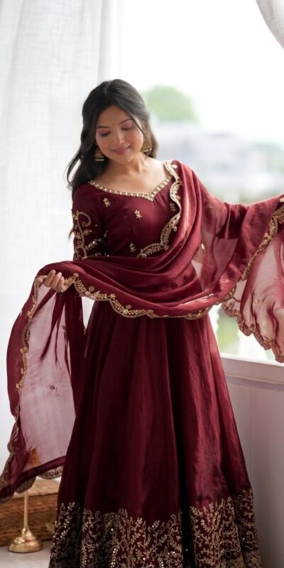 ZSR 3185 Maroon Fendy Silk Gown with Embroidery Work & Sequins Work. Special Price ₹2399. Delivery 4-6 Working Days. Shop now. | Gowns, Bollywood Gowns, Creative Gowns, Designer Gowns, Embroidered Gowns, Party Wear Gowns