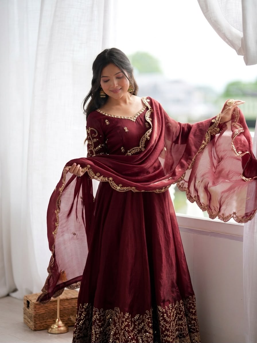 ZSR 3185 Maroon Fendy Silk Gown with Embroidery Work & Sequins Work. Special Price ₹2399. Delivery 4-6 Working Days. Shop now. | Gowns, Bollywood Gowns, Creative Gowns, Designer Gowns, Embroidered Gowns, Party Wear Gowns