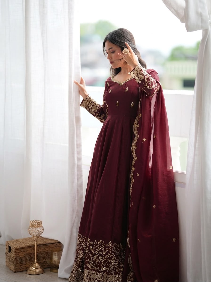 ZSR 3185 Maroon Fendy Silk Gown with Embroidery Work & Sequins Work. Special Price ₹2399. Delivery 4-6 Working Days. Shop now. | Gowns, Bollywood Gowns, Creative Gowns, Designer Gowns, Embroidered Gowns, Party Wear Gowns