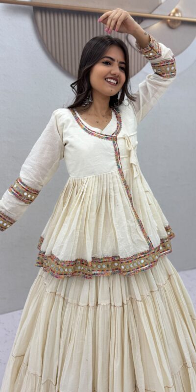 PC 596 Off White in Pure Cotton Mirror Work & Gamthi Work Lehenga Choli . Exclusive Offer ₹2999. Delivery 4-6 Working Days. Shop now. | Lehenga, Bollywood Lehenga, Creative Lehenga, Designer Lehenga, Embroidered Lehenga, Party Wear Lehenga