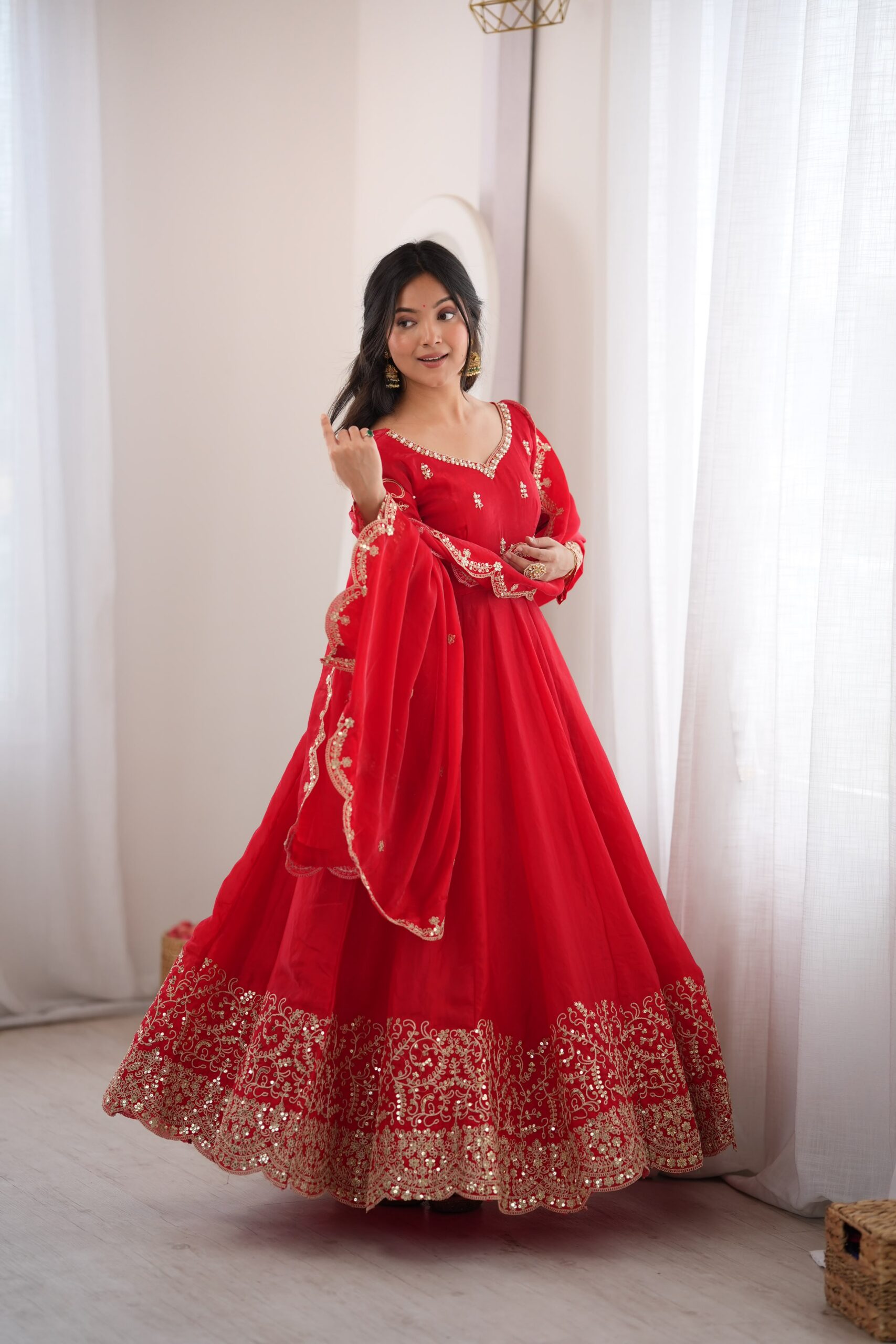 ZSR 3185 Red Fendy Silk Gown with Embroidery Work & Sequins Work. Special Price ₹2399. Delivery 4-6 Working Days. Shop now. | Gowns, Bollywood Gowns, Creative Gowns, Designer Gowns, Embroidered Gowns, Party Wear Gowns