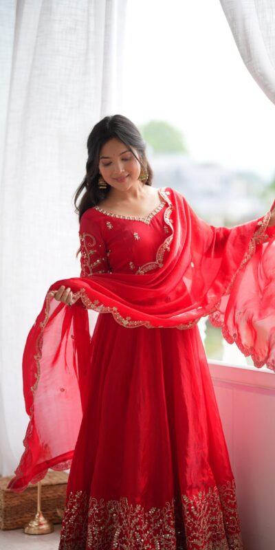 ZSR 3185 Red Fendy Silk Gown with Embroidery Work & Sequins Work. Special Price ₹2399. Delivery 4-6 Working Days. Shop now. | Gowns, Bollywood Gowns, Creative Gowns, Designer Gowns, Embroidered Gowns, Party Wear Gowns