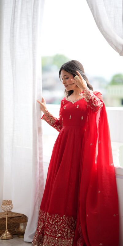 ZSR 3185 Red Fendy Silk Gown with Embroidery Work & Sequins Work. Special Price ₹2399. Delivery 4-6 Working Days. Shop now. | Gowns, Bollywood Gowns, Creative Gowns, Designer Gowns, Embroidered Gowns, Party Wear Gowns