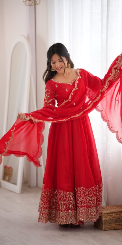 ZSR 3185 Red Fendy Silk Gown with Embroidery Work & Sequins Work. Special Price ₹2399. Delivery 4-6 Working Days. Shop now. | Gowns, Bollywood Gowns, Creative Gowns, Designer Gowns, Embroidered Gowns, Party Wear Gowns