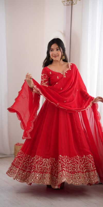 ZSR 3185 Red Fendy Silk Gown with Embroidery Work & Sequins Work. Special Price ₹2399. Delivery 4-6 Working Days. Shop now. | Gowns, Bollywood Gowns, Creative Gowns, Designer Gowns, Embroidered Gowns, Party Wear Gowns