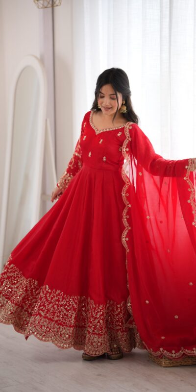 ZSR 3185 Red Fendy Silk Gown with Embroidery Work & Sequins Work. Special Price ₹2399. Delivery 4-6 Working Days. Shop now. | Gowns, Bollywood Gowns, Creative Gowns, Designer Gowns, Embroidered Gowns, Party Wear Gowns